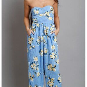 Band of Gypsies Jumpsuit Size M Strapless Floral Blue Pockets Boho Festival NEW